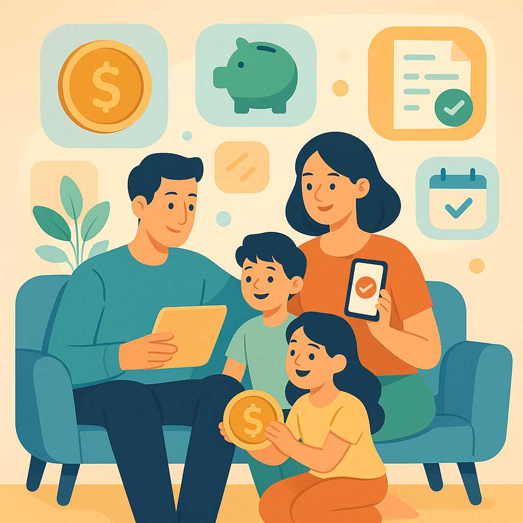 A creative flat-style illustration of a cheerful family at home, surrounded by floating digital icons for money, savings, bills, and reminders, with bright balanced colors, smooth lines, and an optimistic atmosphere.