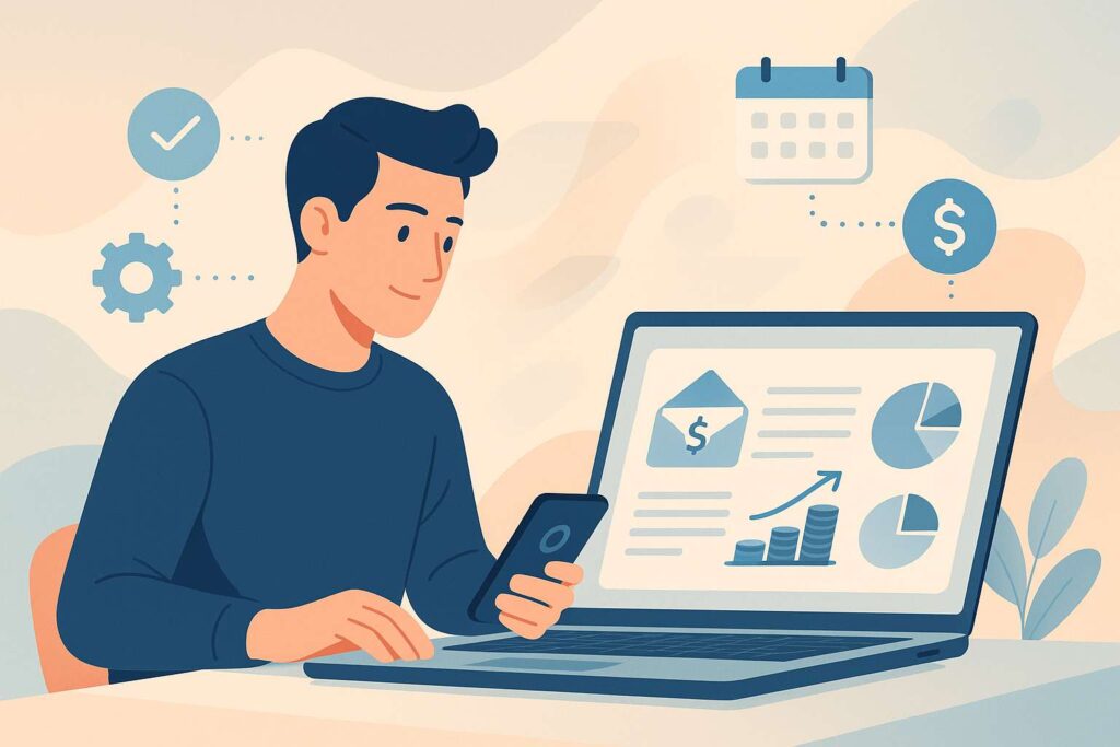 A modern flat-style illustration of a young professional using a laptop and smartphone to manage bills and savings, surrounded by futuristic abstract financial icons in pastel tones with soft gradients.