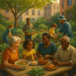 A semi-realistic digital illustration of a vibrant community garden in a city courtyard, with people of different ages gardening, sharing food, and enjoying a casual, friendly atmosphere surrounded by lush greenery.
