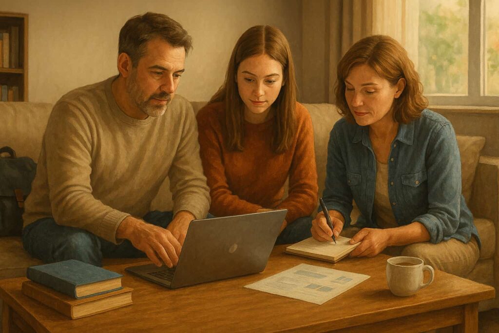A family sitting together in a cozy living room, reviewing financial documents on a laptop and notepad with warm natural light.