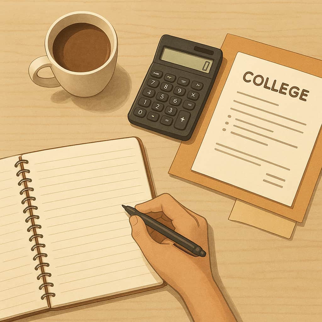 Overhead view of a minimalist desk with a coffee cup, calculator, college documents, and an open notebook for budgeting.