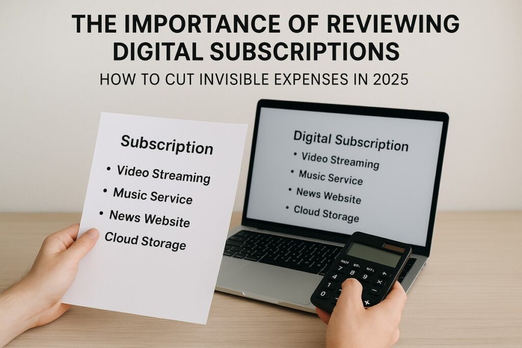 A person holding a printed paper labeled “Subscription” listing items like video streaming, music service, news website, and cloud storage. In the background, a laptop screen shows the same list under “Digital Subscription,” while the person’s other hand holds a calculator — symbolizing the process of reviewing and managing online subscription expenses.
