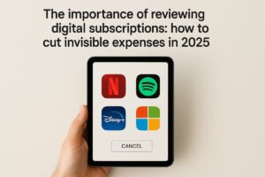 A hand holding a tablet displaying app icons for Netflix, Spotify, Disney+, and Microsoft, with a large “Cancel” button below. The title above the tablet reads “The importance of reviewing digital subscriptions: how to cut invisible expenses in 2025,” representing the concept of evaluating and canceling unnecessary digital services to save money.