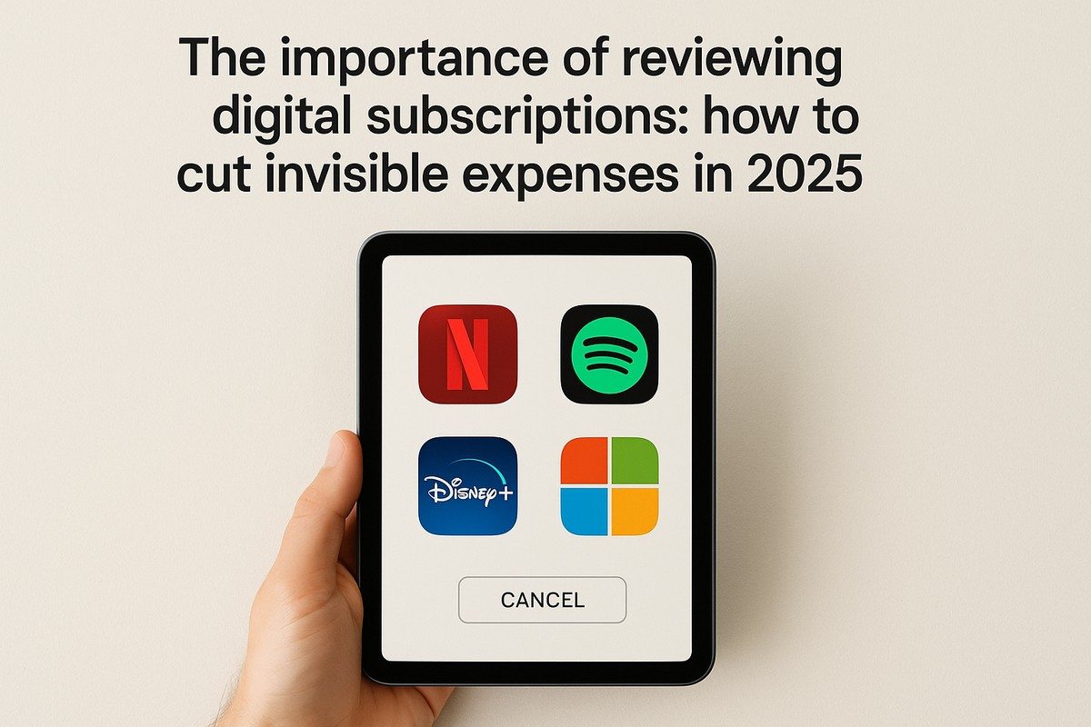 A hand holding a tablet displaying app icons for Netflix, Spotify, Disney+, and Microsoft, with a large “Cancel” button below. The title above the tablet reads “The importance of reviewing digital subscriptions: how to cut invisible expenses in 2025,” representing the concept of evaluating and canceling unnecessary digital services to save money.