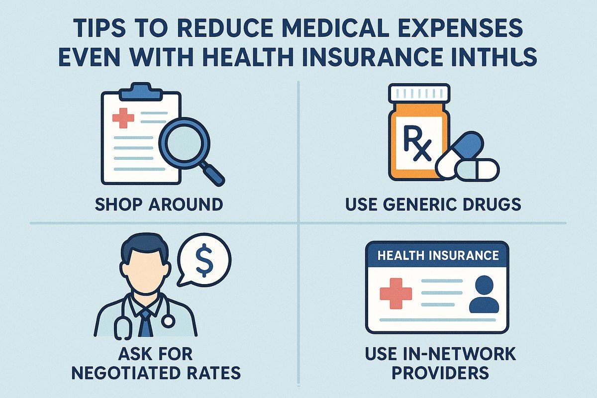 Infographic titled “Tips to reduce medical expenses even with health insurance in the US.” It shows four illustrated icons: a clipboard with a magnifying glass labeled “Shop around,” a medicine bottle with pills labeled “Use generic drugs,” a doctor icon with a dollar sign labeled “Ask for negotiated rates,” and a health insurance card labeled “Use in-network providers.”