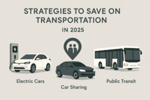 Infographic titled “Strategies to save on transportation in 2025.” It features three illustrated icons: an electric car charging at a station labeled “Electric Cars,” a car with a location pin icon labeled “Car Sharing,” and a city bus labeled “Public Transit,” symbolizing eco-friendly and cost-saving mobility options.