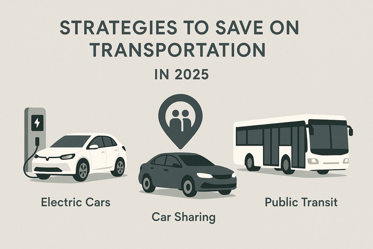 Infographic titled “Strategies to save on transportation in 2025.” It features three illustrated icons: an electric car charging at a station labeled “Electric Cars,” a car with a location pin icon labeled “Car Sharing,” and a city bus labeled “Public Transit,” symbolizing eco-friendly and cost-saving mobility options.