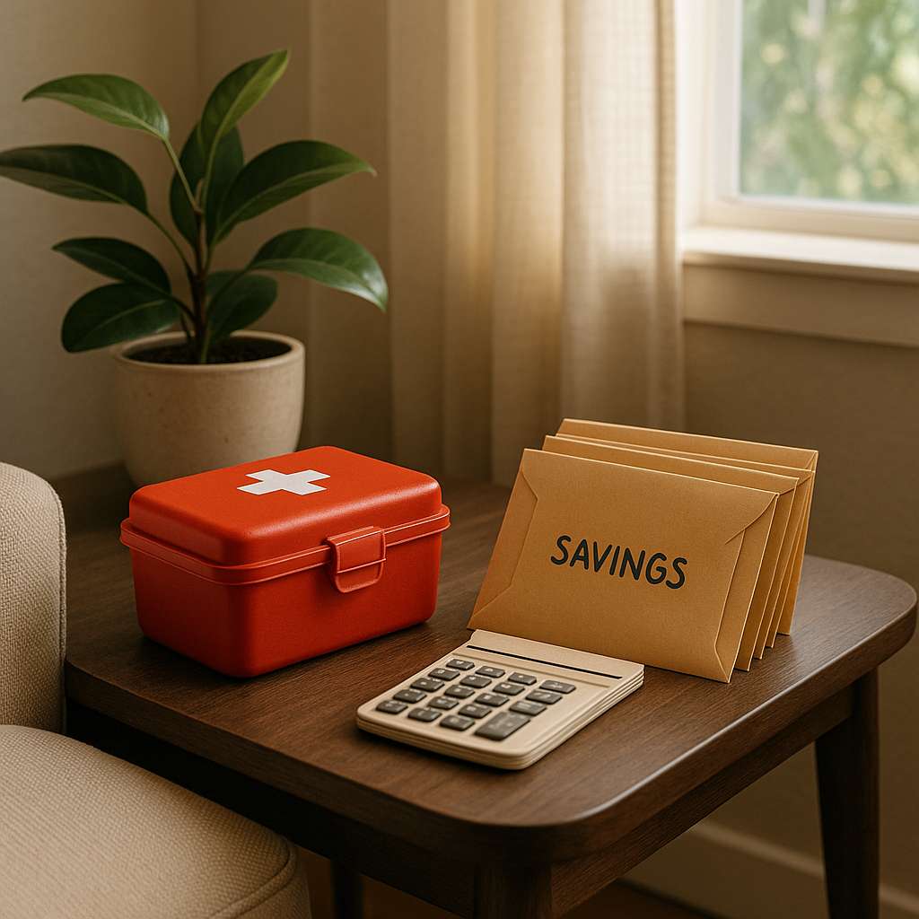 A cozy living room with a wooden side table holding a red first-aid kit, a plant, and neatly stacked savings envelopes, lit by natural sunlight through the window.