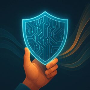 A hand holding a glowing shield made of digital circuit patterns, with abstract waves symbolizing fraud attempts in a minimalist, futuristic style.