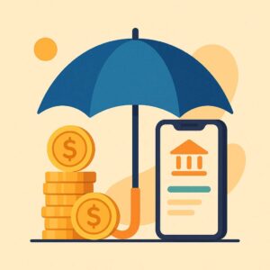 A symbolic umbrella shelters stacks of golden coins and a smartphone displaying a banking app, representing financial security in a modern vector style with bright balanced colors.