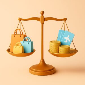 Conceptual 3D render of a golden scale balancing colorful shopping bags on one side and coins with airplane tickets on the other, minimalist style with bright lighting and smooth textures.