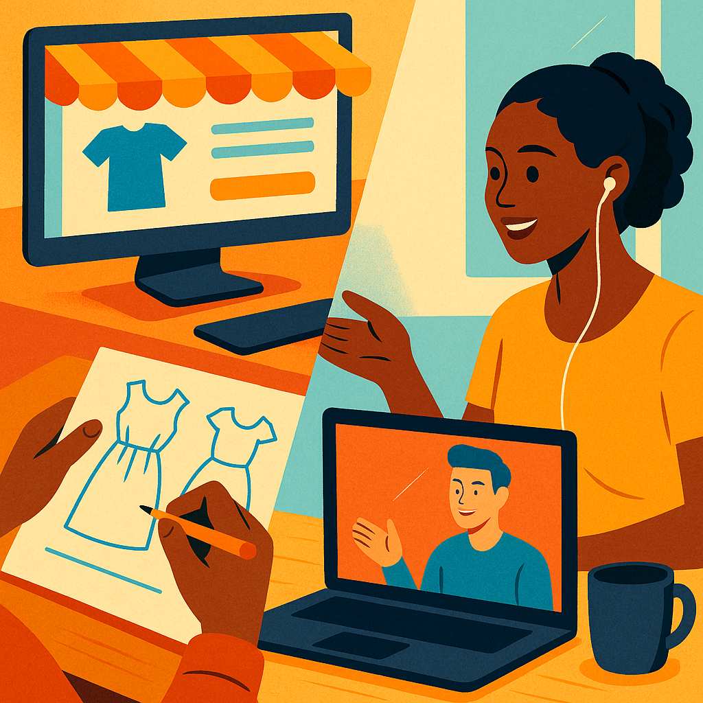 A vibrant square illustration collage showing a digital storefront on a computer screen, a hand sketching fashion designs, and a person teaching on a video call, blending bright modern colors in a semi-illustrative style.