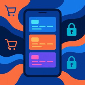 A minimalist concept art showing a smartphone screen with multiple virtual card icons, surrounded by abstract waves, digital security locks, and shopping cart symbols, emphasizing innovation and safety.