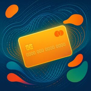 A glowing credit card at the center, surrounded by colorful abstract AI-inspired data streams, symbolizing fairness, personalization, and security in a clean, modern conceptual style.