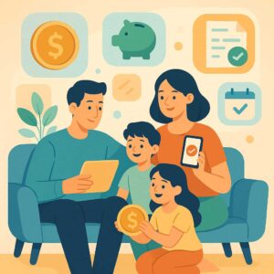 A creative flat-style illustration of a cheerful family at home, surrounded by floating digital icons for money, savings, bills, and reminders, with bright balanced colors, smooth lines, and an optimistic atmosphere.