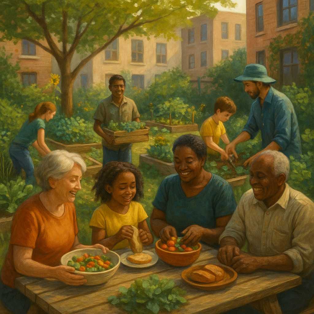 A semi-realistic digital illustration of a vibrant community garden in a city courtyard, with people of different ages gardening, sharing food, and enjoying a casual, friendly atmosphere surrounded by lush greenery.