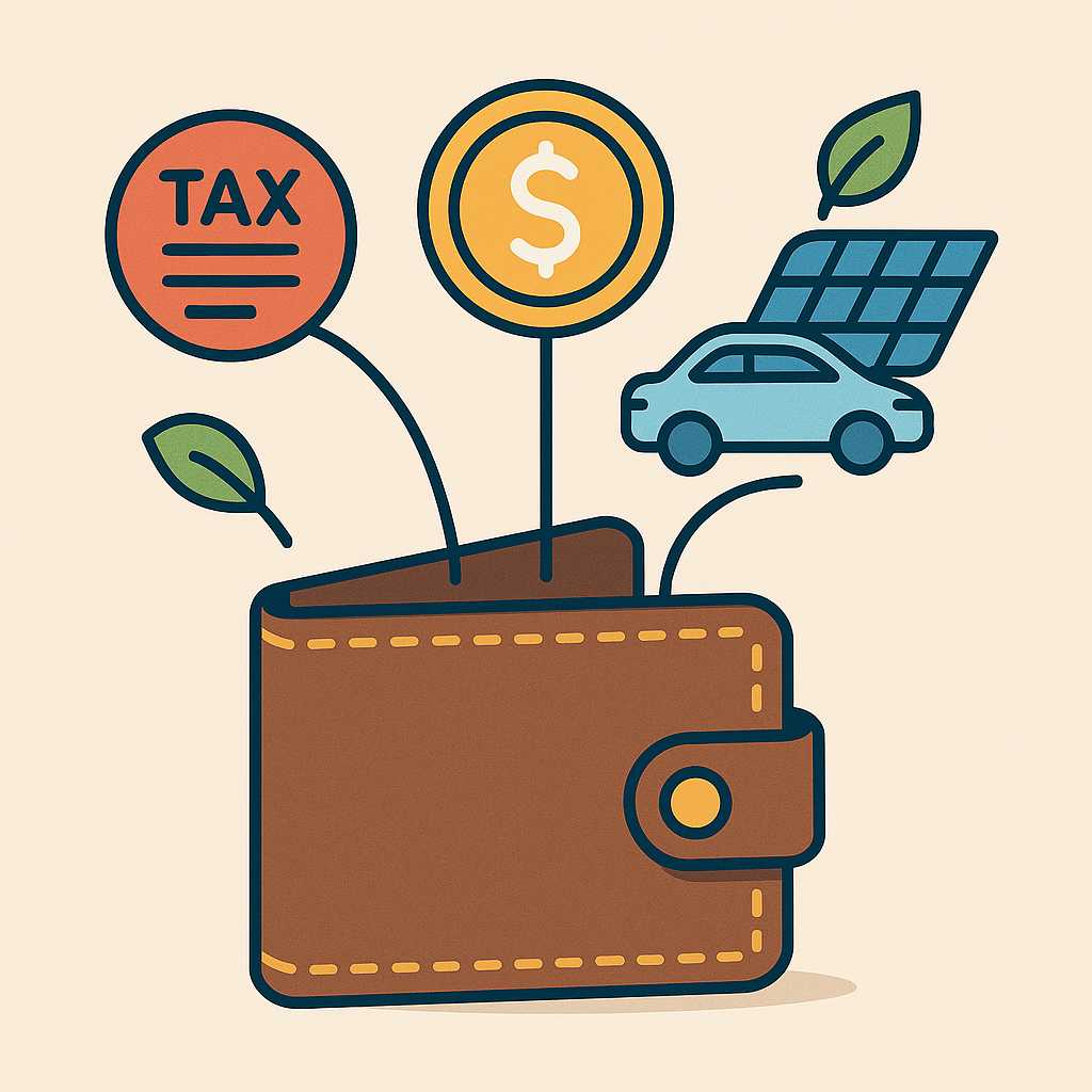 A flat design illustration of a wallet transforming into icons of taxes, financial benefits, and eco-friendly incentives like an electric car and solar panel, with clean lines and balanced composition.