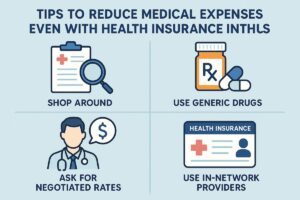 Infographic titled “Tips to reduce medical expenses even with health insurance in the US.” It shows four illustrated icons: a clipboard with a magnifying glass labeled “Shop around,” a medicine bottle with pills labeled “Use generic drugs,” a doctor icon with a dollar sign labeled “Ask for negotiated rates,” and a health insurance card labeled “Use in-network providers.”