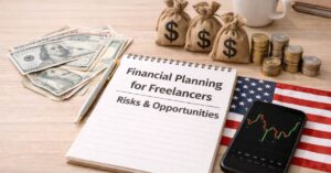 Notebook labeled “Financial Planning for Freelancers: Risks & Opportunities” on a wooden desk, surrounded by U.S. dollar bills, small money bags, coins, a smartphone with a market chart, and a coffee mug. Minimalist workspace scene representing financial planning and income management for freelancers in the United States.