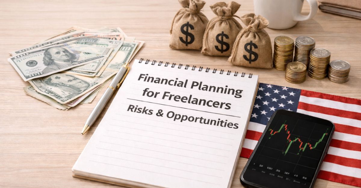 Notebook labeled “Financial Planning for Freelancers: Risks & Opportunities” on a wooden desk, surrounded by U.S. dollar bills, small money bags, coins, a smartphone with a market chart, and a coffee mug. Minimalist workspace scene representing financial planning and income management for freelancers in the United States.