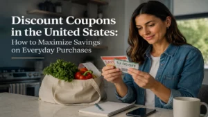 Woman organizing discount coupons and groceries in a modern kitchen, illustrating smart savings strategies for everyday purchases in the United States.
