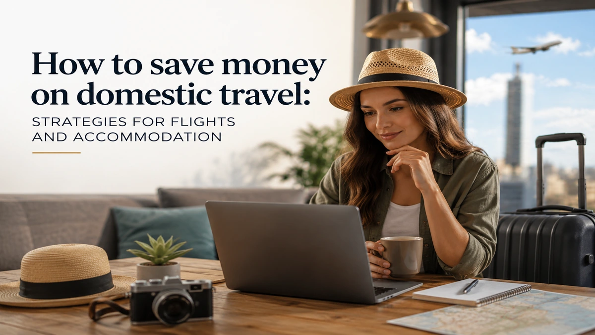 Woman planning affordable domestic travel on a laptop at home with suitcase and travel accessories, illustrating smart strategies for saving money on flights and accommodation.