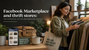 Woman browsing secondhand clothing in a stylish thrift store while using Facebook Marketplace on a smartphone, representing the growing potential of the sustainable resale market.