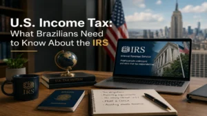 Professional editorial image illustrating U.S. income tax obligations for Brazilians, featuring IRS references, a Brazilian passport, financial documents, and an American city skyline. Conceptual representation of international taxation, IRS compliance, tax reporting requirements, cross-border finance, expatriate tax responsibilities, and U.S. tax regulations for Brazilian residents and investors.